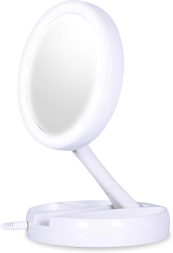 Retractable Makeup Mirror with LED Light and 10x Magnification.