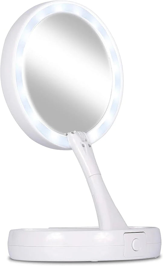 Retractable Makeup Mirror with LED Light and 10x Magnification.